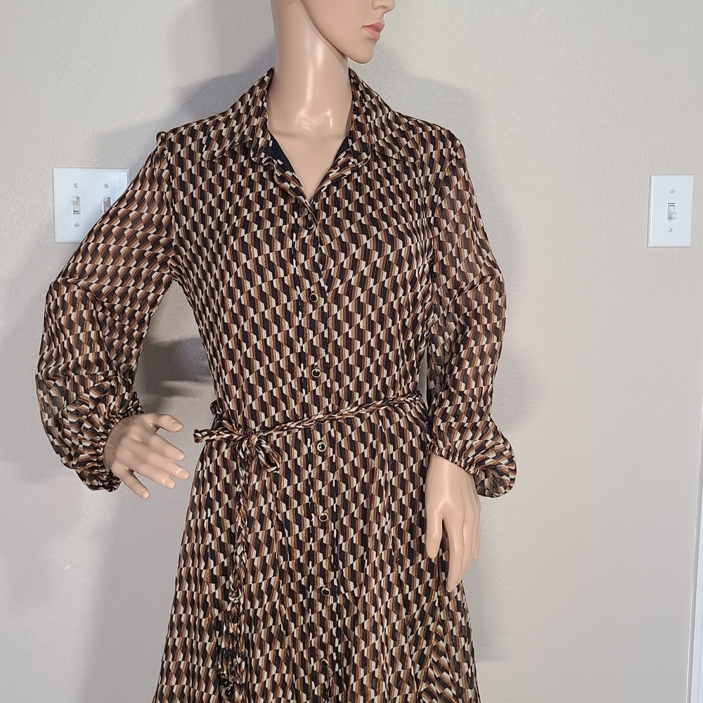 Zara Brown Geometric Long Sleeve Shirt Dress - Picture 3 of 10